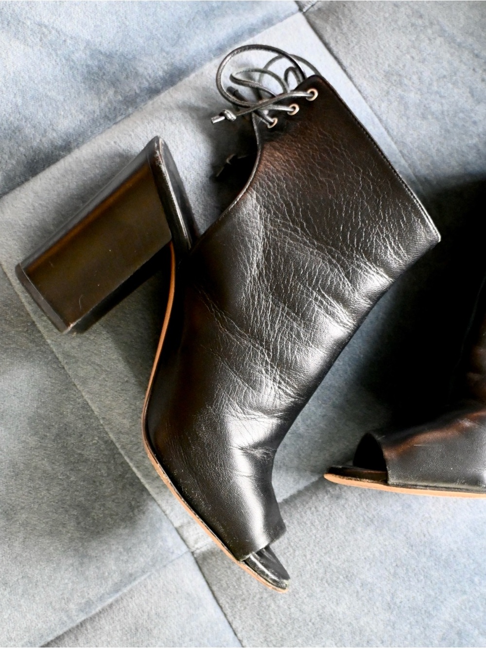 M. Gemi Black Leather Peep-Toe Lace-Up Block Heel Boots
